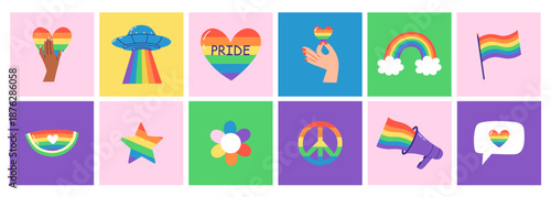 Bright square poster collection with pride-themed elements representing love, diversity and equality. Hand drawn vector illustration. 