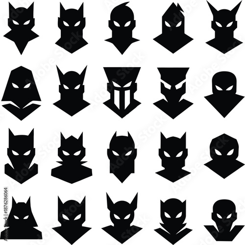 Set of sharp geometric monster and warrior mask icons in flat black vector style for gaming branding and fantasy art.
