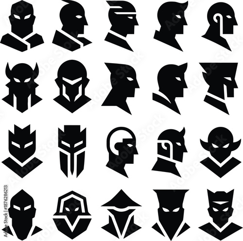 Set of aggressive geometric monster and warrior mask icons in flat black vector style for gaming and esports branding.