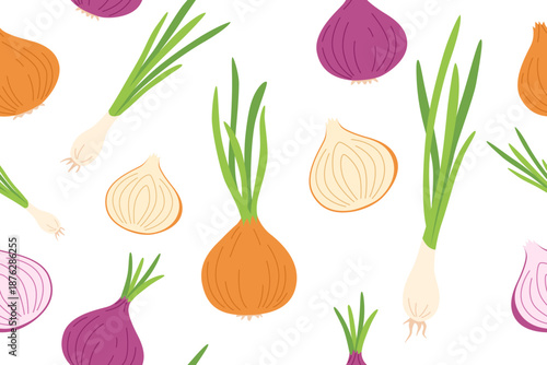 Onion vegetable seamless pattern. Nature background of onion isolated on white. Gardening, farming and food concept. Vector flat banner.