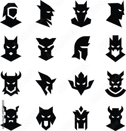 Collection of black geometric warrior masks and monster head icons in flat vector style for gaming and esports logos.