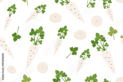 Parsley root vegetable seamless pattern. Nature background of parsley root isolated on white. Gardening, farming and food concept. Vector flat banner.