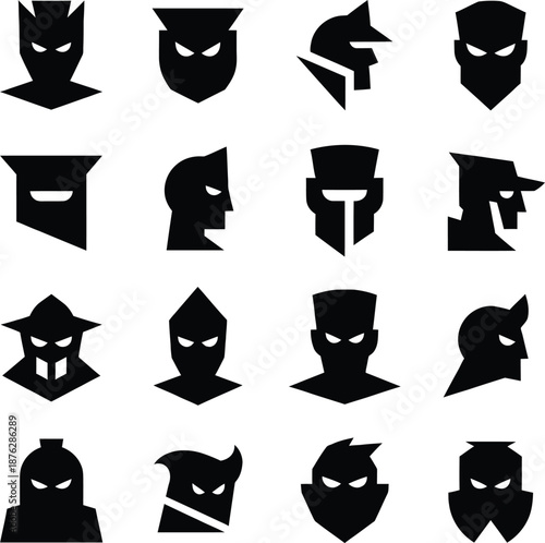 Set of sharp geometric warrior and monster mask icons in flat black vector style for gaming avatars and fantasy logos.