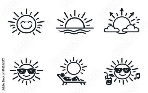 Minimalistic sun icon collection featuring various expressions and scenes