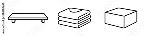 Minimalist icon set featuring bed, folded clothes, and box on gray background
