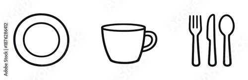 Minimalist black outline icons of plate, mug, and cutlery on gray background