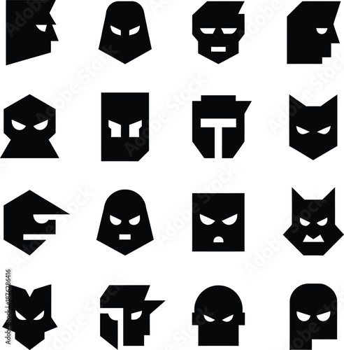 Set of minimalist geometric superhero and villain head icons in flat black vector style for gaming and digital avatars.