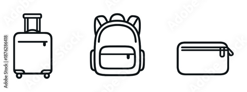 Minimalistic icon set of suitcase, backpack, and pouch on dark background