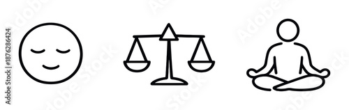 Minimalist icons of relaxation, balance, and meditation on dark background