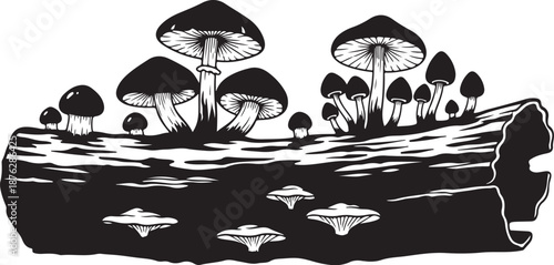 Black and white illustration of mushrooms on a log