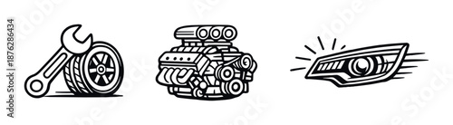 Automotive icons: wrench with tire, engine, headlight in monochrome design