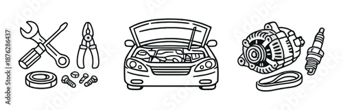 Car maintenance tools and parts: wrench, pliers, engine, alternator, spark plug