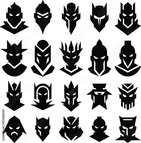 Set of twenty five geometric superhero masks and futuristic robot helmet silhouettes for gaming logo and avatar design.