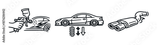 Car customization icons: paint, suspension, exhaust