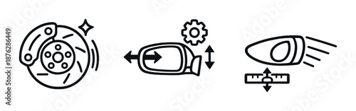 Brake disc, power steering, and headlight adjustment icons on metallic background