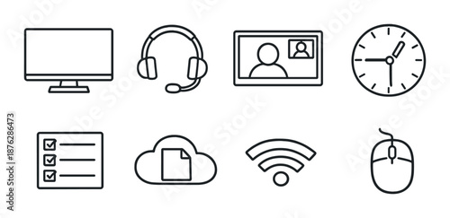 Digital communication icons: monitor, headset, video call, clock, checklist, cloud, wifi, mouse