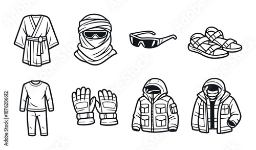 Outdoor apparel icons: jackets, sunglasses, sandals, and more