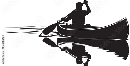 Man in a canoe paddling on calm water silhouette