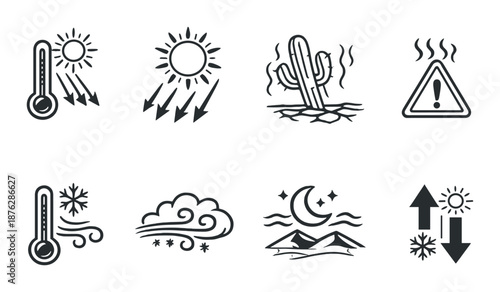 Weather icons: temperature, sun, cactus, caution, moon, clouds, arrows