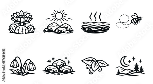 Nature symbols: mountain, sun, water, bee, flower, leaves, moon, stars