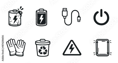 Energy and technology icons: battery, power, usb, recycle, warning