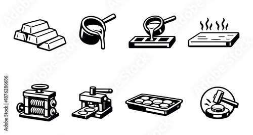Icon set illustrating metalwork processes: melting, casting, rolling, coining
