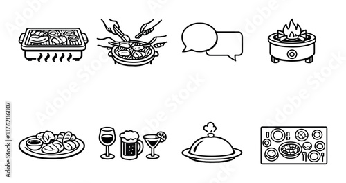 Monochrome food icons: bbq, seafood, chat bubbles, drinks, cooking dish, dining