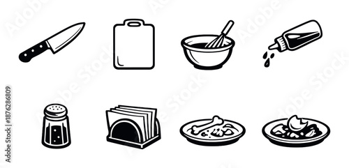Monochrome kitchen icons: knife, cutting board, mixing bowl, condiment bottle, salt shaker, napkin holder, dishes