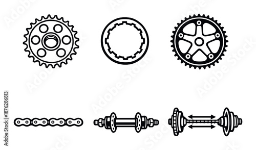 Bicycle gear components: chain, sprocket, hub, and bottom bracket illustrations