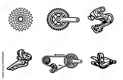 Set of bicycle gear components: cogs, crankset, derailleur, and shifters in black and white design