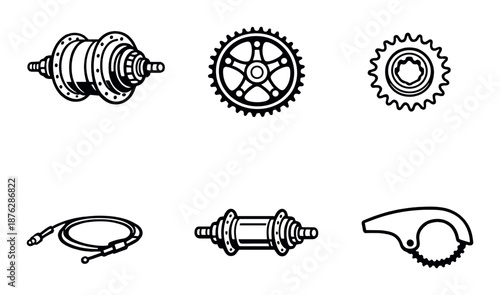 Bicycle parts set: gears, hub, chain, and cable details on dark background