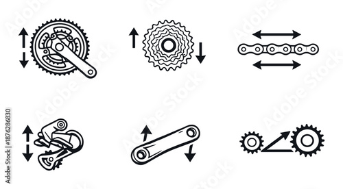 Bicycle gear mechanism icons on dark background with arrow indicators