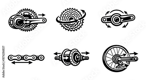 Bicycle gear mechanics: chain, crankset, and cogs on grey background