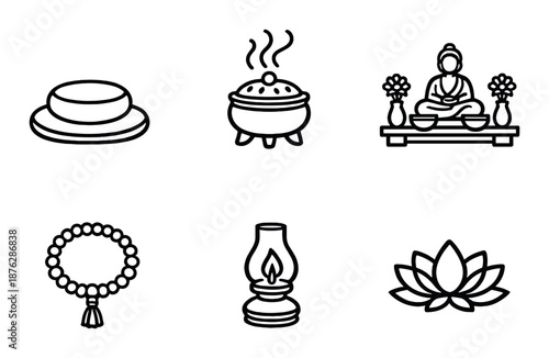 Minimalist spiritual icons set: meditation, incense, buddha, prayer beads, candle, lotus