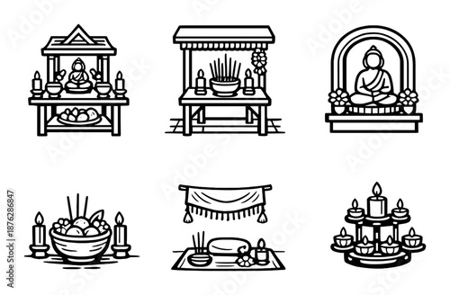 Traditional asian altar designs with incense and offerings
