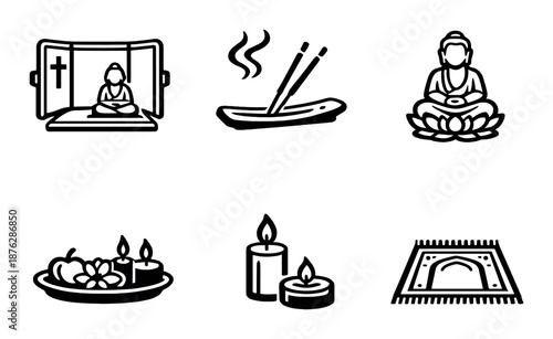 Meditation and spirituality icons: meditation, incense, buddha, mandala, candles