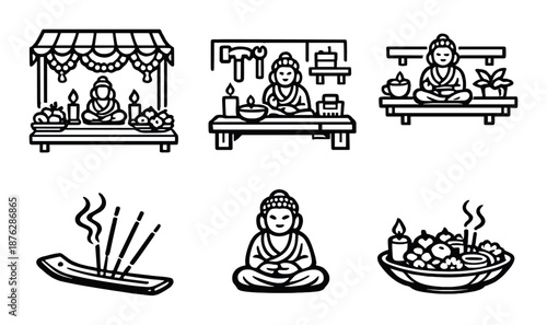 Minimalist buddhist icon set featuring meditation and ritual symbols