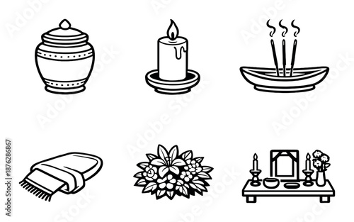 Funeral symbols: urn, candle, incense, flowers, and shrine on black background