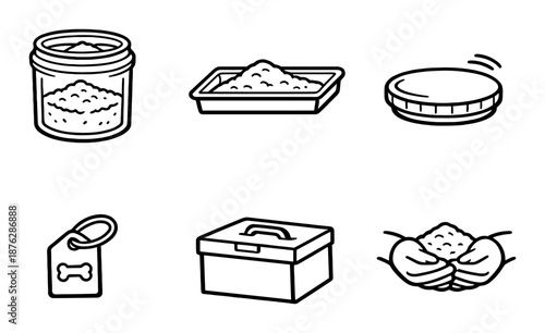 Set of pet food icons: jars, containers, labels, hands holding granules
