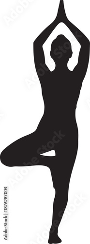 Woman in yoga tree pose silhouette on white background