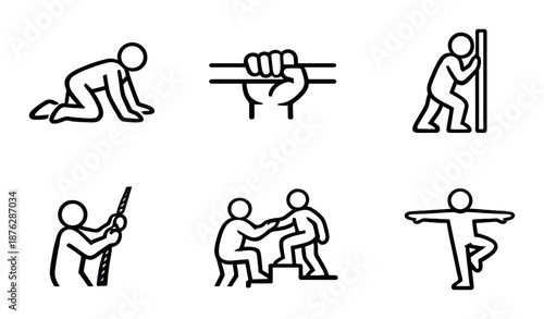Silhouette stick figures engaging in various exercises and activities on gradient background