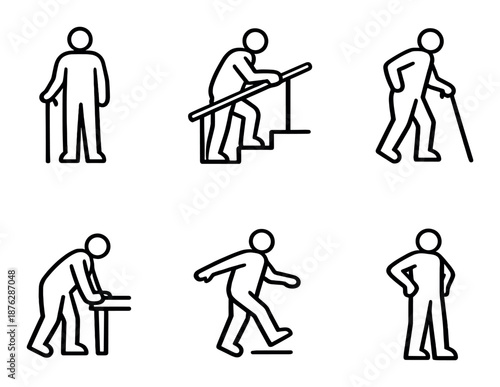Silhouette icons of elderly individuals with mobility aids in various activities