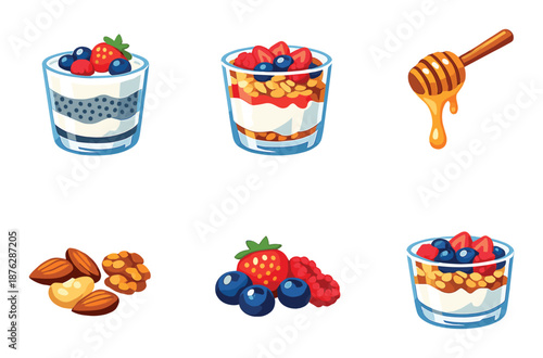 Colorful parfait set with berries, nuts, honey, and yogurt