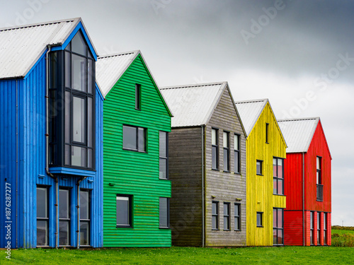 Colorful modern houses by the seaside in Wick, Scotland