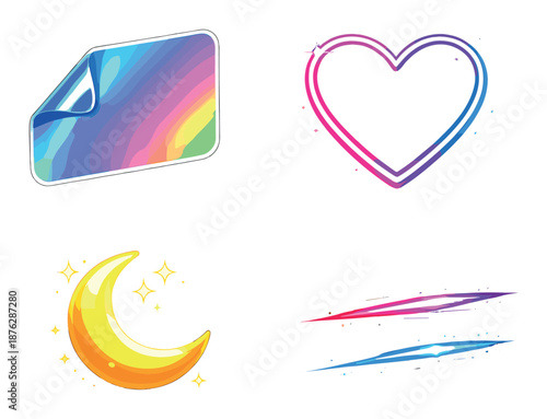 Colorful neon symbols: holographic paper, heart, moon, and shooting stars on black background