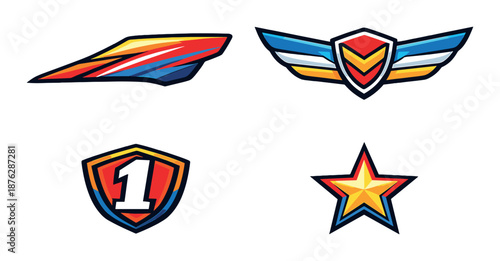 Colorful cartoon emblems featuring winged shield star and number one badge
