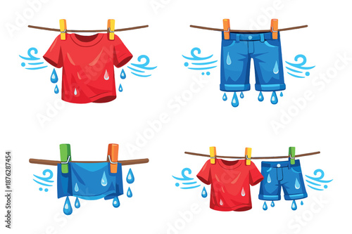 Colorful wet clothes hanging on neon clotheslines with dripping water drops