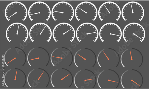 speedometer or speed meter icon set.circular speedometer dials, tick marks, needles, and meters in various positions in outline and silhouette for automotive, app interfaces, data visualization