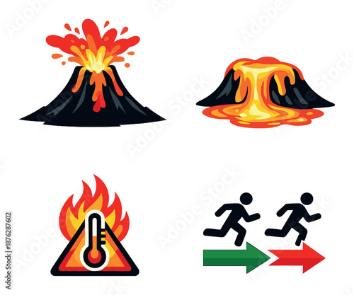 Eruption alert icons with volcanoes, lava, fire, evacuation symbols