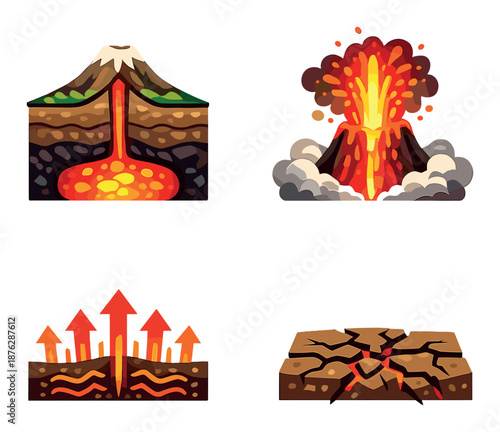 Colorful infographic of volcanic eruption and tectonic activity